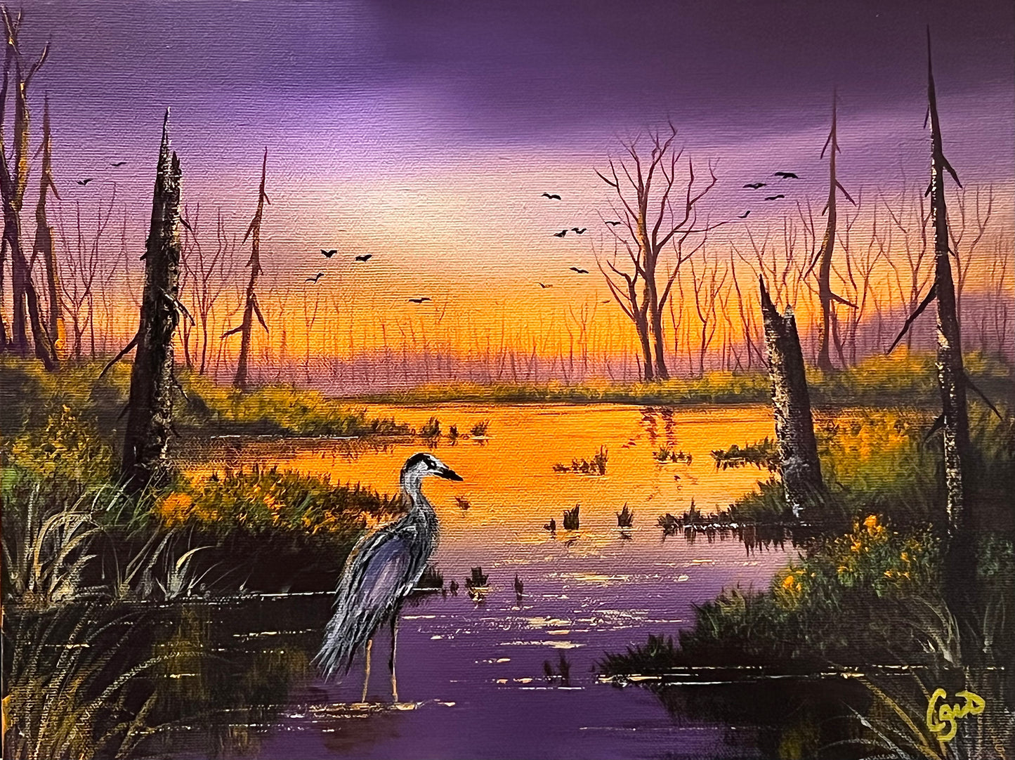 Crane in the Swamp 11x14" acrylic painting on canvas, Home Decor Art, Waterfowl Art