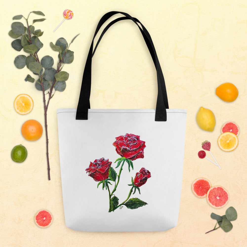 Red Roses Tote Bag, Original One-of-a-Kind Roses Art Tote Bag, Market Tote, Gift for Her