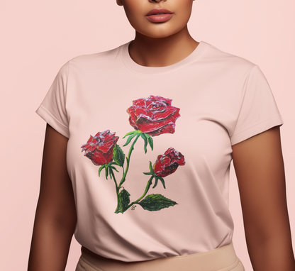 Red Roses Women's Graphic T-Shirt, Artistic Roses Tee, Gift for Mom, Cool Tee Gift, Botanical Clothing Cotton Fabric