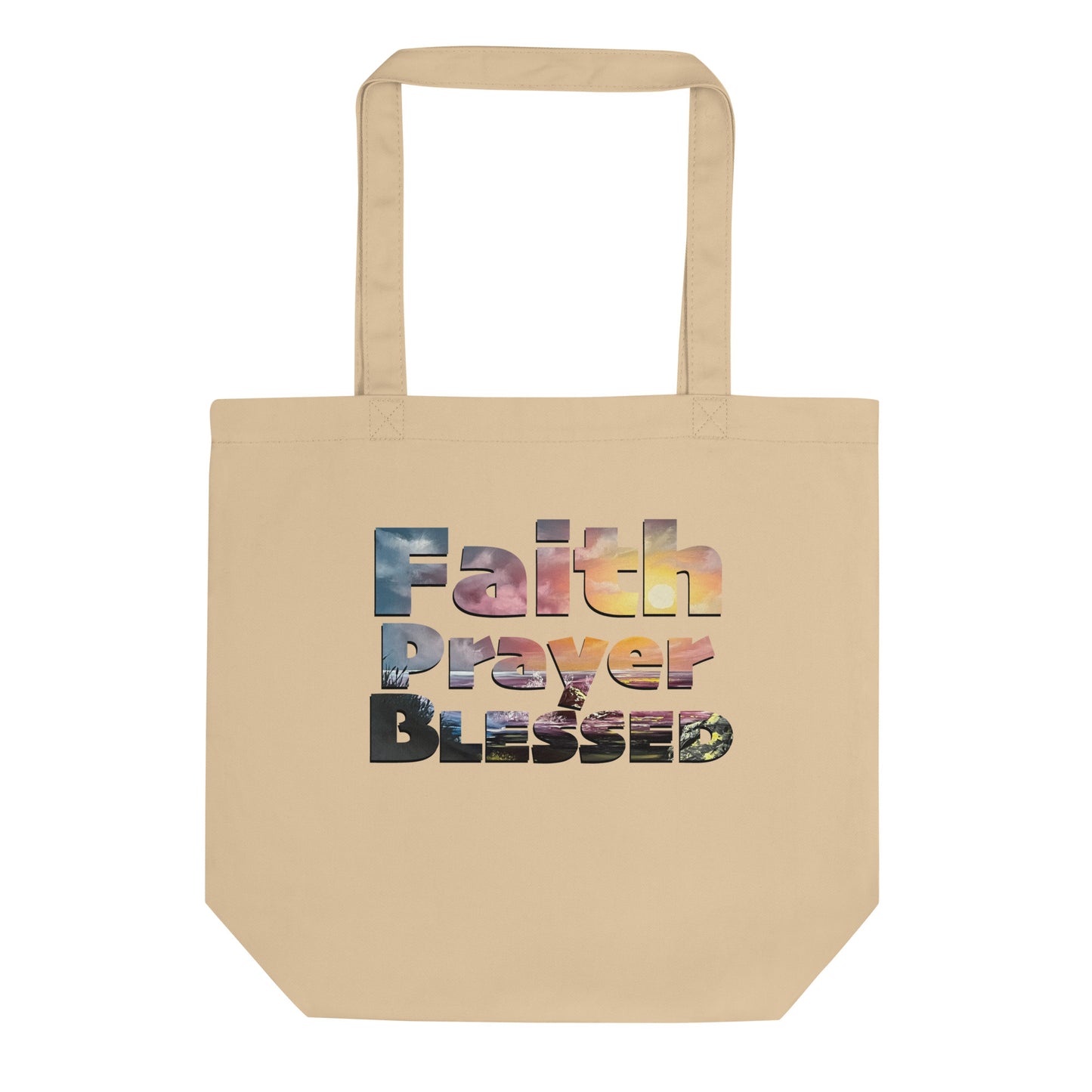 Inspirational Tote Bag, Faith Prayer Blessed Sunset Cotton Tote