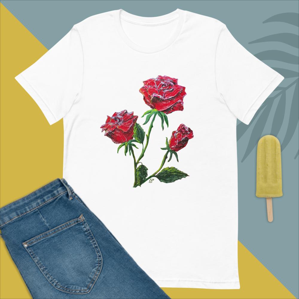 Red Roses Women's Graphic T-Shirt, Artistic Roses Tee, Gift for Mom, Cool Tee Gift, Botanical Clothing Cotton Fabric